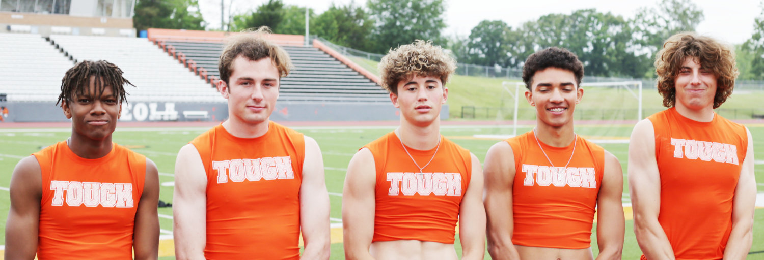 The Mineola 4x400-meter relay team, from left, Jamarcus Kennedy, Morgan Waggoner, TJ Moreland, Jaxon Holland and Brady Shrum. They will compete in the state meet Thursday at 8:20 p.m. They have the fastest qualifying time among the nine teams.